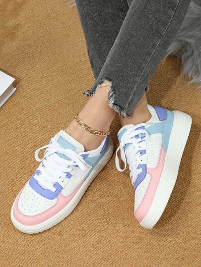 Women Lightweight Color Block Lace-up Front Casual Shoes, Sporty Skate Shoes For Outdoor