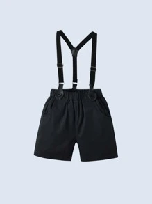 男童绅士三件套，包括领结短袖衬衫、背心和短工装裤 - 黑與白 - 查看 3