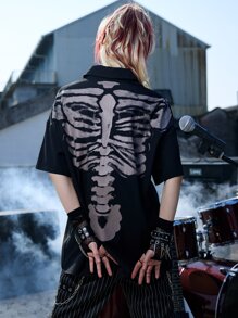 ROMWE Grunge Punk Skeleton Print Drop Shoulder Shirt - Black - View 3