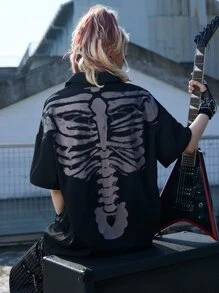 ROMWE Grunge Punk Skeleton Print Drop Shoulder Shirt - Black - View 4