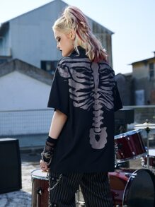 ROMWE Grunge Punk Skeleton Print Drop Shoulder Shirt - Black - View 5