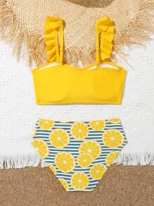Conjunto de bikini con estampado de rayas y limón, con ribete de volantes para niña preadolescente, para la playa de verano - Multicolor - Ver 2