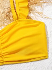 Conjunto de bikini con estampado de rayas y limón, con ribete de volantes para niña preadolescente, para la playa de verano - Multicolor - Ver 3