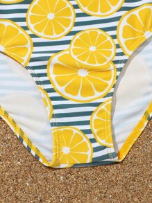 Conjunto de bikini con estampado de rayas y limón, con ribete de volantes para niña preadolescente, para la playa de verano - Multicolor - Ver 4