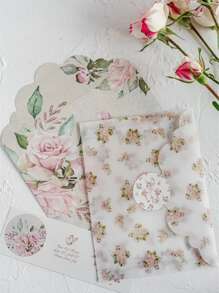 1pc Flower Pattern Envelope & 1pc Letter Paper & 3pcs Sticker, Romantic Multi-purpose Mailing Envelope Set For Office, School - Pink - View 1