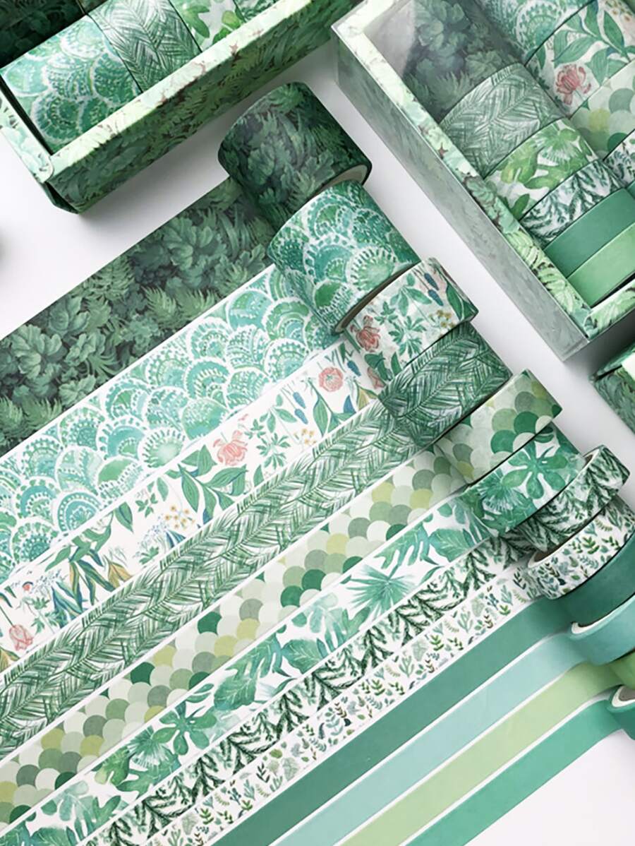 12 cuộn Băng keo hoa văn hỗn hợp, Băng keo tự làm thủ công đa năng đơn giản tại nhà - màu xanh lá - Xem 1