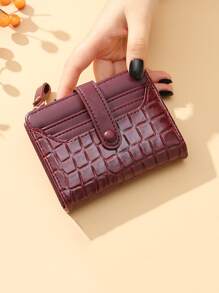 鱷魚紋壓花小錢包雙折信用卡夾PU時尚適合日常生活 - 酒紅色 - 查看 1