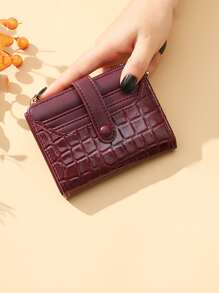 鱷魚紋壓花小錢包雙折信用卡夾PU時尚適合日常生活 - 酒紅色 - 查看 4
