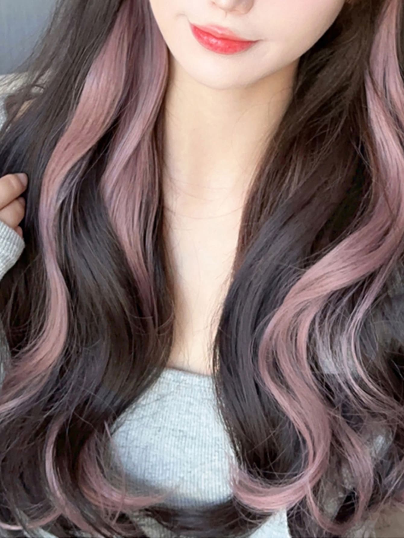 4 piezas Extensión del pelo con clip medio ondulado sintético - Rosa - Ver 1