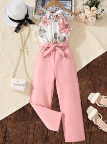 Sparklyn Tween Girl Floral Print Belted Halter Jumpsuit - Multicolor - View 1