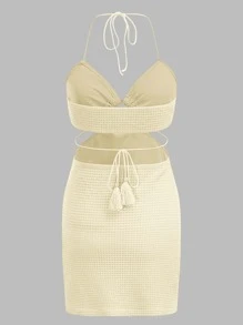 SHEIN ICON Ring Linked Bead Detail Tassel Tie Backless Halter Dress - Beige - View 2