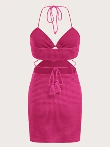 SHEIN ICON 環鏈串珠細節流蘇後背繫帶掛脖連衣裙 - 玫紅色 - 查看 2