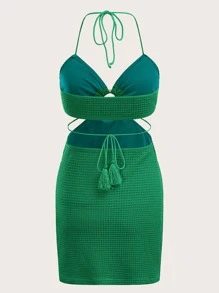SHEIN ICON Vestido halter vinculado con aro con diseño de cuenta con fleco de espalda abierta con cordón