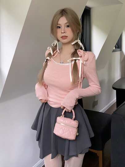 素色肩上打結T恤