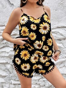 SHEIN Holidaya Plus Sunflower Print Cami Top & Pompom Trim Shorts - Black - View 1