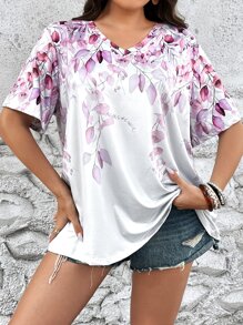 SHEIN LUNE Plus Plants Print V Neck Tee - White - View 1