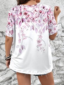 SHEIN LUNE Plus Plants Print V Neck Tee - White - View 2
