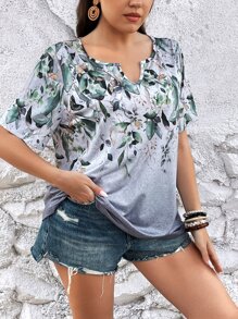 SHEIN LUNE Camiseta con estampado floral de cuello notch - Multicolor - Ver 1