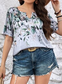 SHEIN LUNE Camiseta con estampado floral de cuello notch - Multicolor - Ver 3