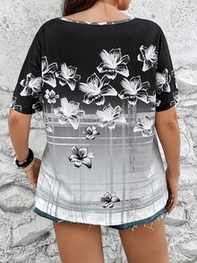 SHEIN LUNE Plus Floral Print Notched Neckline Tee - Multicolor - View 2