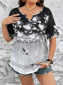 SHEIN LUNE Plus Floral Print Notched Neckline Tee - Multicolor - View 4