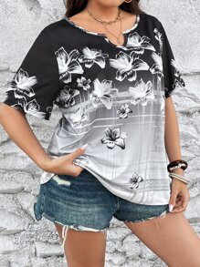 SHEIN LUNE Plus Floral Print Notched Neckline Tee - Multicolor - View 1