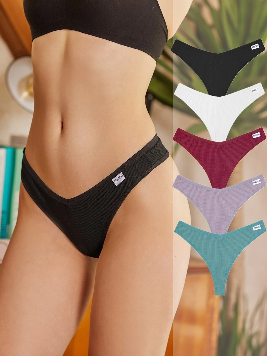 FINETOO 5pcs Letter Patch Detail Ribbed Knit Thong - Multicolor - View 1
