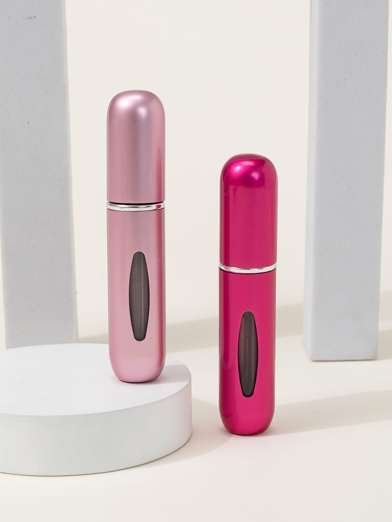 2pcs/pack 5ml Refillable Perfume Bottles With Bottom Pump Spray Atomizer Empty Bottle In Pink And Rose Red