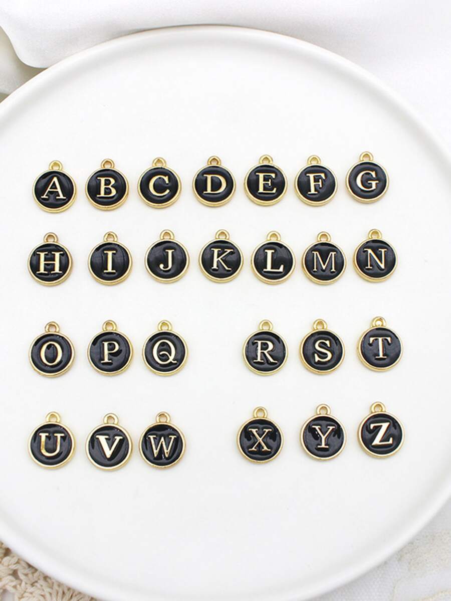 10入組/套字母細節圓形DIY吊墜 - 黑色 - 查看 1