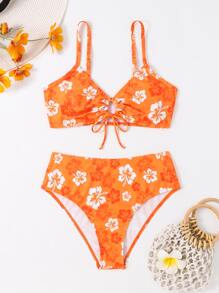 Swim Mod 1 Bộ Bikini Dây Rút In Hoa Đi Biển Mùa Hè Bộ Đồ Tắm - trái cam - Xem 1