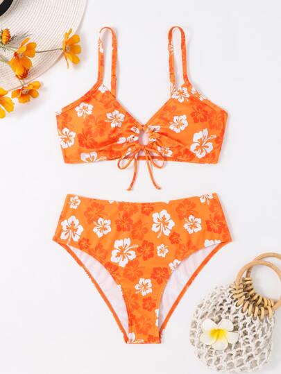 Swim Mod 1set Summer Beach Floral Print Drawstring Bikini Set Bathing Suit