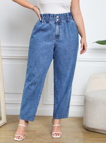 SHEIN Frenchy Quần Denim kích thước lớn Nút Túi Quần paper-bag màu trơn - Rửa trung bình - Xem 1