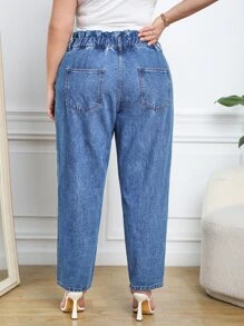 SHEIN Frenchy Quần Denim kích thước lớn Nút Túi Quần paper-bag màu trơn - Rửa trung bình - Xem 2