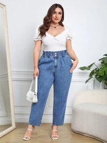 SHEIN Frenchy Quần Denim kích thước lớn Nút Túi Quần paper-bag màu trơn - Rửa trung bình - Xem 3