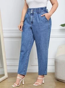 SHEIN Frenchy Quần Denim kích thước lớn Nút Túi Quần paper-bag màu trơn - Rửa trung bình - Xem 4