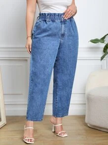SHEIN Frenchy Quần Denim kích thước lớn Nút Túi Quần paper-bag màu trơn - Rửa trung bình - Xem 5