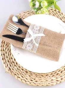 10 túi đựng bộ đồ ăn bằng vải bố ren - Màu Khaki - Xem 3