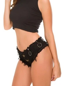 Pantalones cortos de botín con diseño de aro O bajo crudo mezclilla - Negro - Ver 3