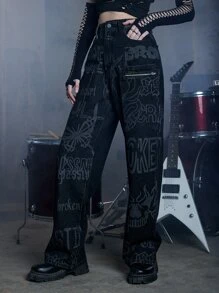ROMWE Grunge Punk 字母圖案闊腿牛仔褲 - 深灰色 - 查看 3