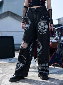 ROMWE Grunge Punk Quần jean nữ Nút Túi Bị tách Dây kéo Lễ Các Thánh - Màu xám đen - Xem 3