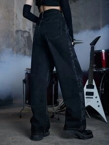 ROMWE Grunge Punk 字母圖案闊腿牛仔褲 - 深灰色 - 查看 6