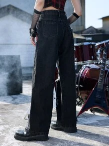 ROMWE Grunge Punk Quần jean nữ Nút Túi Bị tách Dây kéo Lễ Các Thánh - Màu xám đen - Xem 6