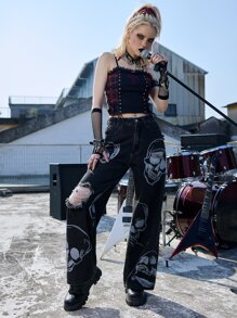 ROMWE Grunge Punk Quần jean nữ Nút Túi Bị tách Dây kéo Lễ Các Thánh - Màu xám đen - Xem 5