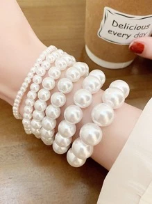 6pcs Set French Elegant Retro Faux Pearl Beaded Bracelet Set - White - View 2