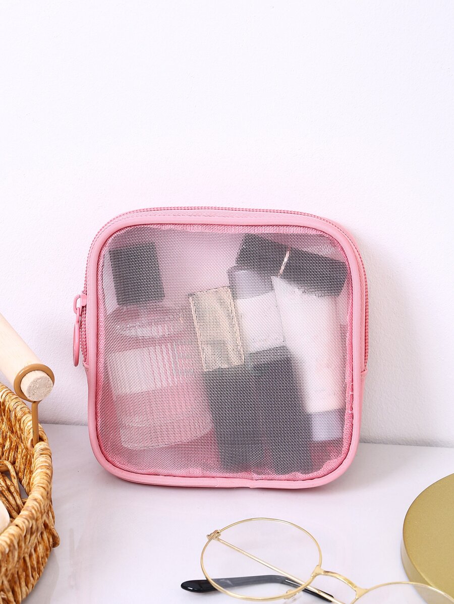 1入粉色透明口紅袋化妝包，用於女士女孩化妝品收納，化妝品組織袋 - 粉色 - 查看 1