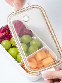 1pc PP Lunch Box, Brown Rectangle Double-grid Multifunction Lunch Box For Office, Work, School - Brown - View 1