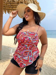 SHEIN LUNE 大碼佩斯利印花頭巾下擺吊帶上衣 - 彩色 - 查看 4