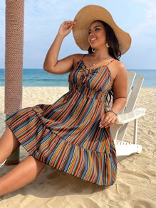 SHEIN Holidaya Vestido de tirantes con estampado de rayas con cordón delantero bajo con fruncido - Multicolor - Ver 4