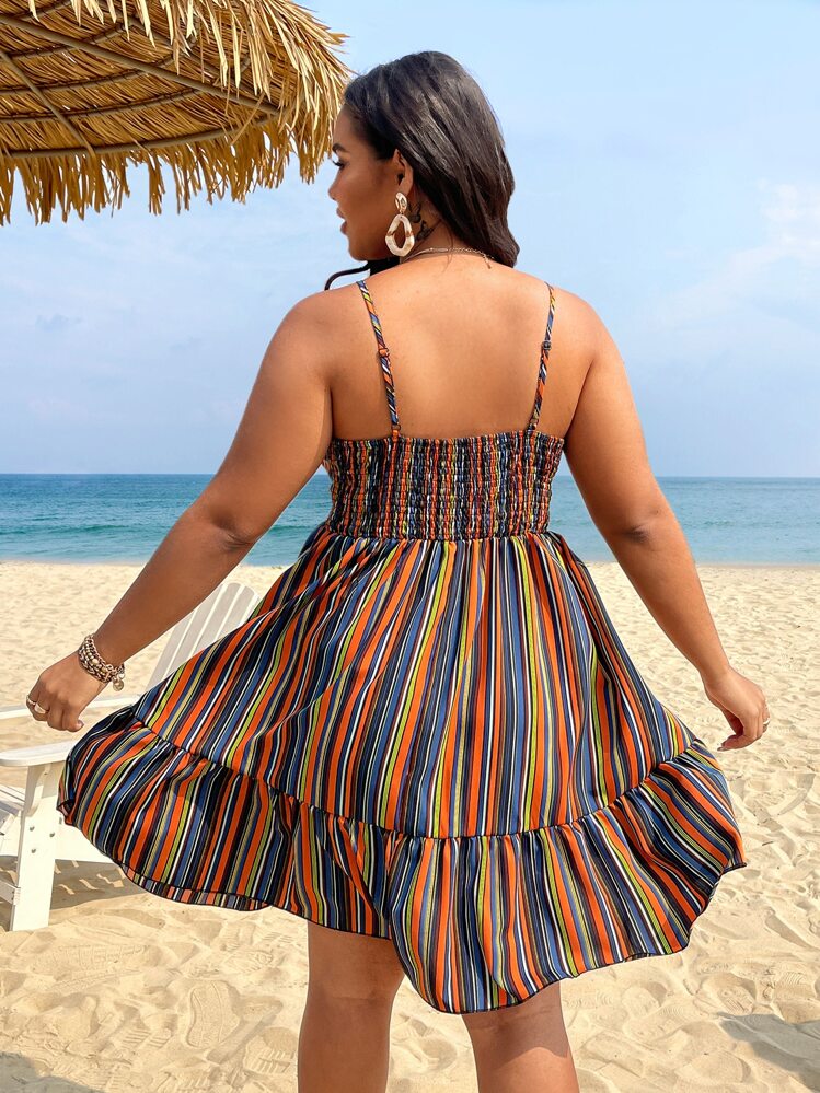 SHEIN Holidaya Plus Striped Print Tie Front Ruffle Hem Cami Dress - Multicolor - View 2