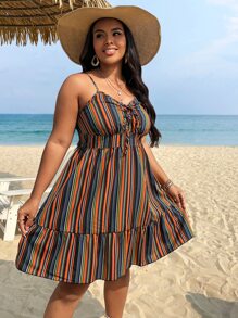 SHEIN Holidaya Vestido de tirantes con estampado de rayas con cordón delantero bajo con fruncido - Multicolor - Ver 6
